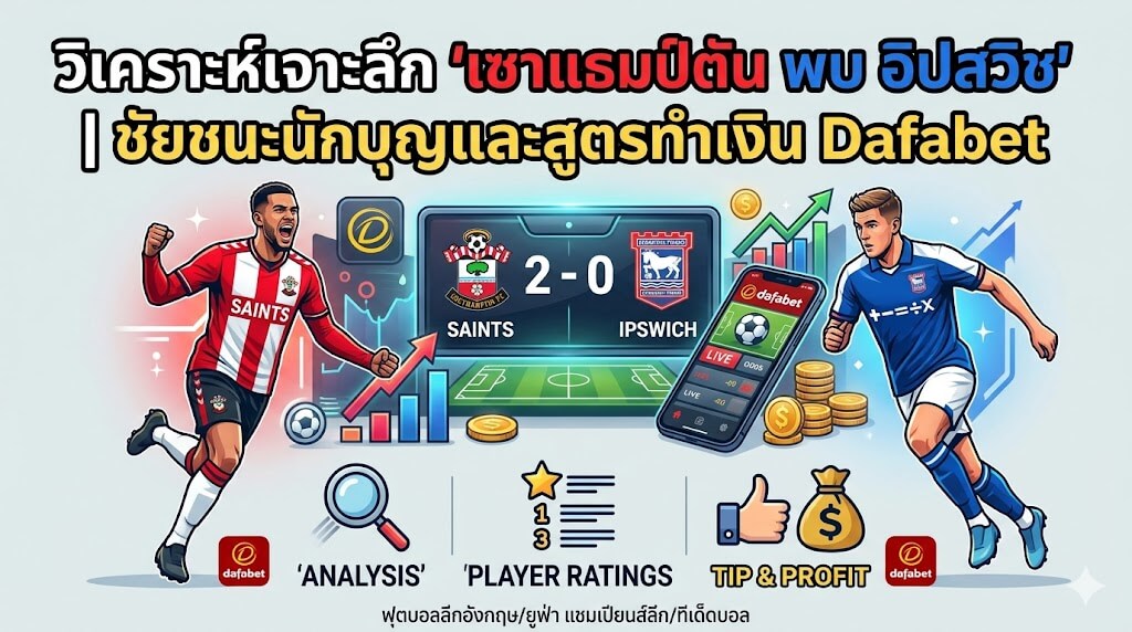 รูปภาพหน้าปกบทความวิเคราะห์บอลคู่ เซาแธมป์ตัน พบ อิปสวิช ทาวน์ พร้อมชัยชนะของทีม 'นักบุญ' และสูตรทำเงินพิเศษจาก Dafabet