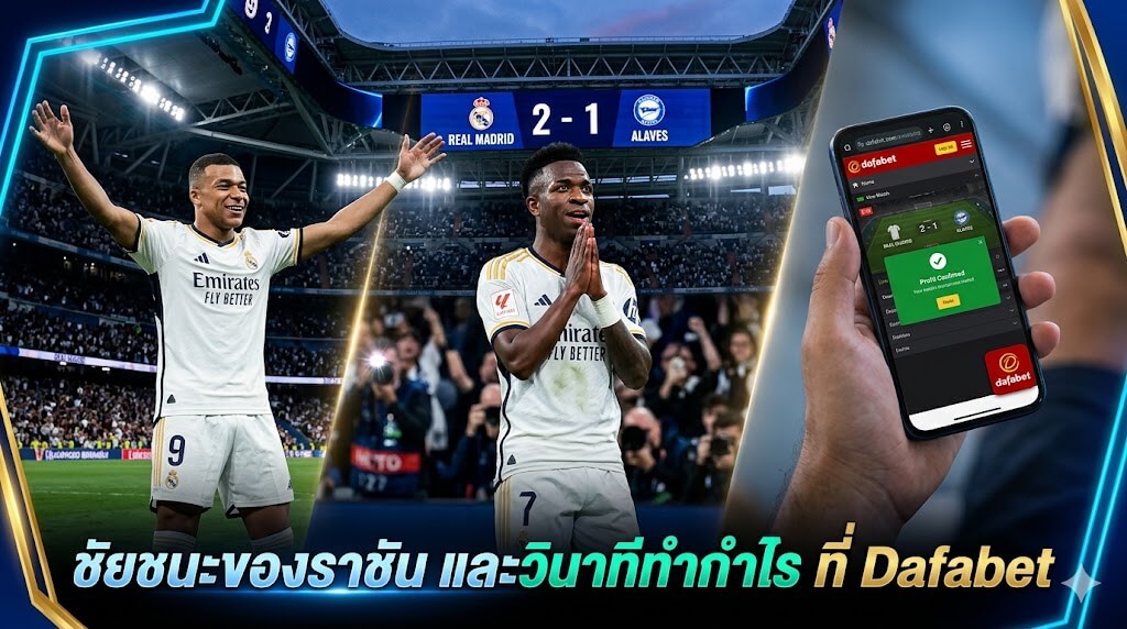 ภาพสรุปผลบอล เรอัลมาดริด พบ อาลาเบส ที่สนามซานติอาโก เบร์นาเบว แสดงวินิซิอุสพนมมือขอโทษแฟนบอลและเอ็มบัปเป้ดีใจ พร้อมหน้าจอมือถือ Dafabet แสดงผลกำไรจากการทายผล