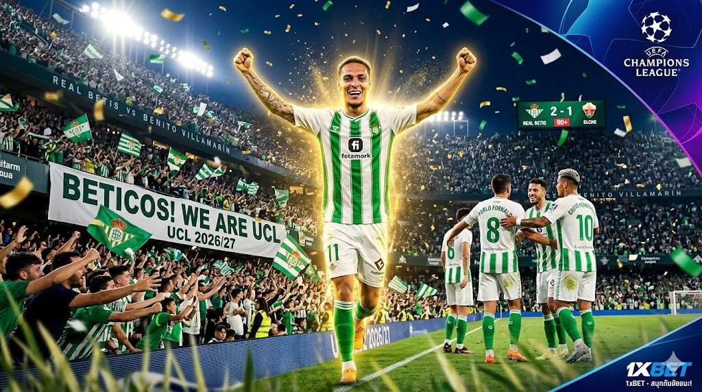 อันโตนี่ร่างทองฉลอง เรอัล เบติส ชนะ เอลเช่ 2-1 คว้าตั๋ว UCL 2026/27 ในสนาม Benito Villamarín พร้อมโลโก้ 1xBET