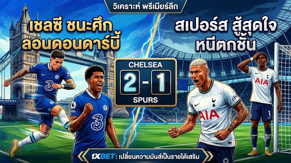 ภาพปกบทความวิเคราะห์ดาร์บี้แมตช์ เชลซี พบ สเปอร์ส โดยมีภาพประกอบแสดงนักเตะทั้งสองทีมและคะแนน เชลซี ชนะ 2-1 ที่สนามสแตมฟอร์ด บริดจ์ พร้อมโลโก้ 1xBET